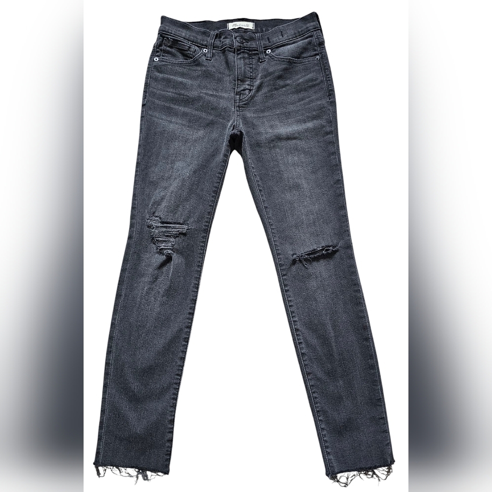 Madwell Black Distressed Jeans " 9" Mid-Rise Skinny" with raw hem, size 26P